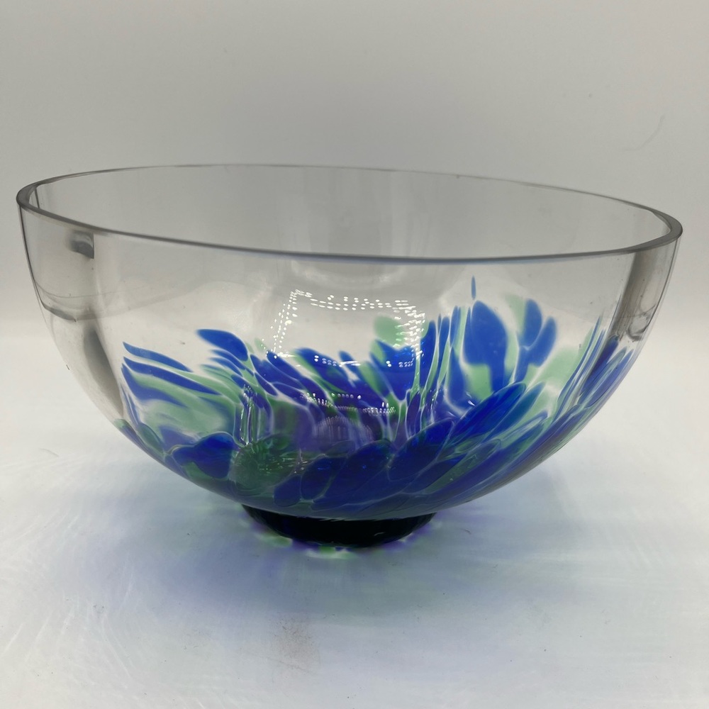 Fused Art Glass Bowl Cobalt Blue And Teal Green On Clear Glass 7.5" Excellent! - Picture 3 of 6